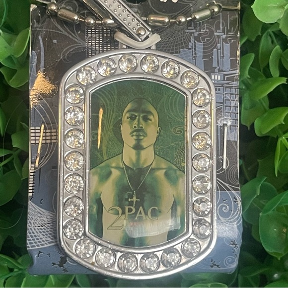 2pac Iced Out Rhinestone Dog Tag 36" Chain Necklace 2007 New - Picture 3 of 6